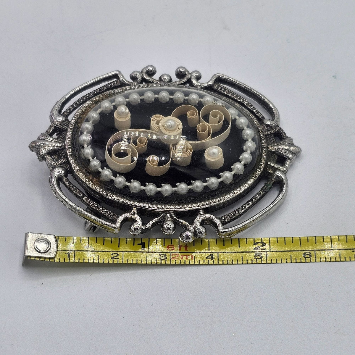 Vintage Handmade Kitty Eshleman Oval Brooch Filigree Paper Scrolls Glass Dome