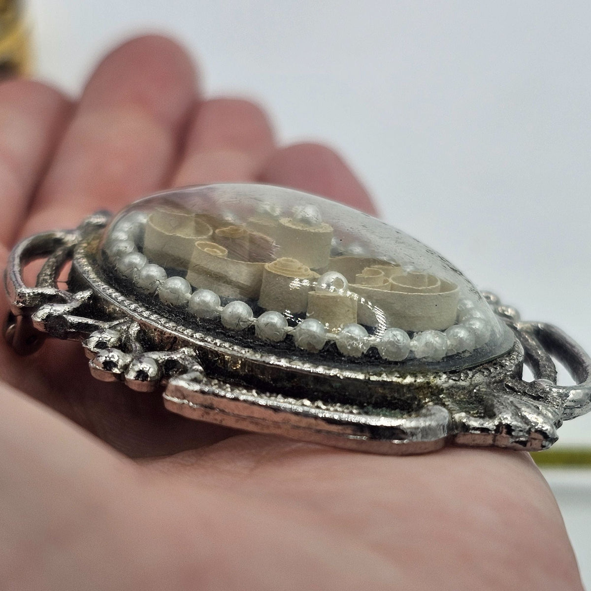 Vintage Handmade Kitty Eshleman Oval Brooch Filigree Paper Scrolls Glass Dome