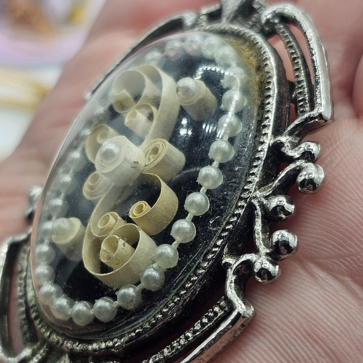 Vintage Handmade Kitty Eshleman Oval Brooch Filigree Paper Scrolls Glass Dome