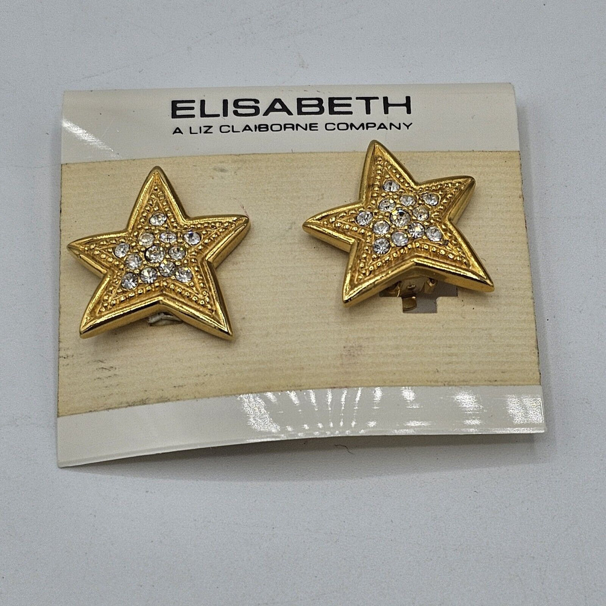 (676) Liz Elisabeth Vintage Gold Tone Shiny Rhinestones Stars Earrings ClipOn
