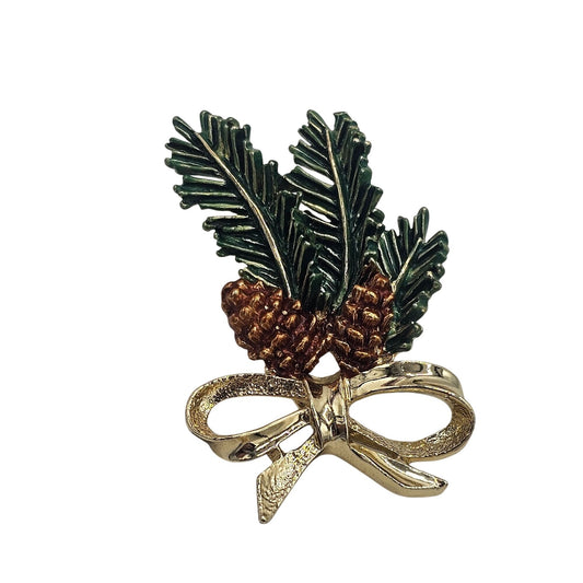 Vintage Gerrys Gold-Tone Pinecone Enamel Holly Green Leaf Brooch Holiday Foliage