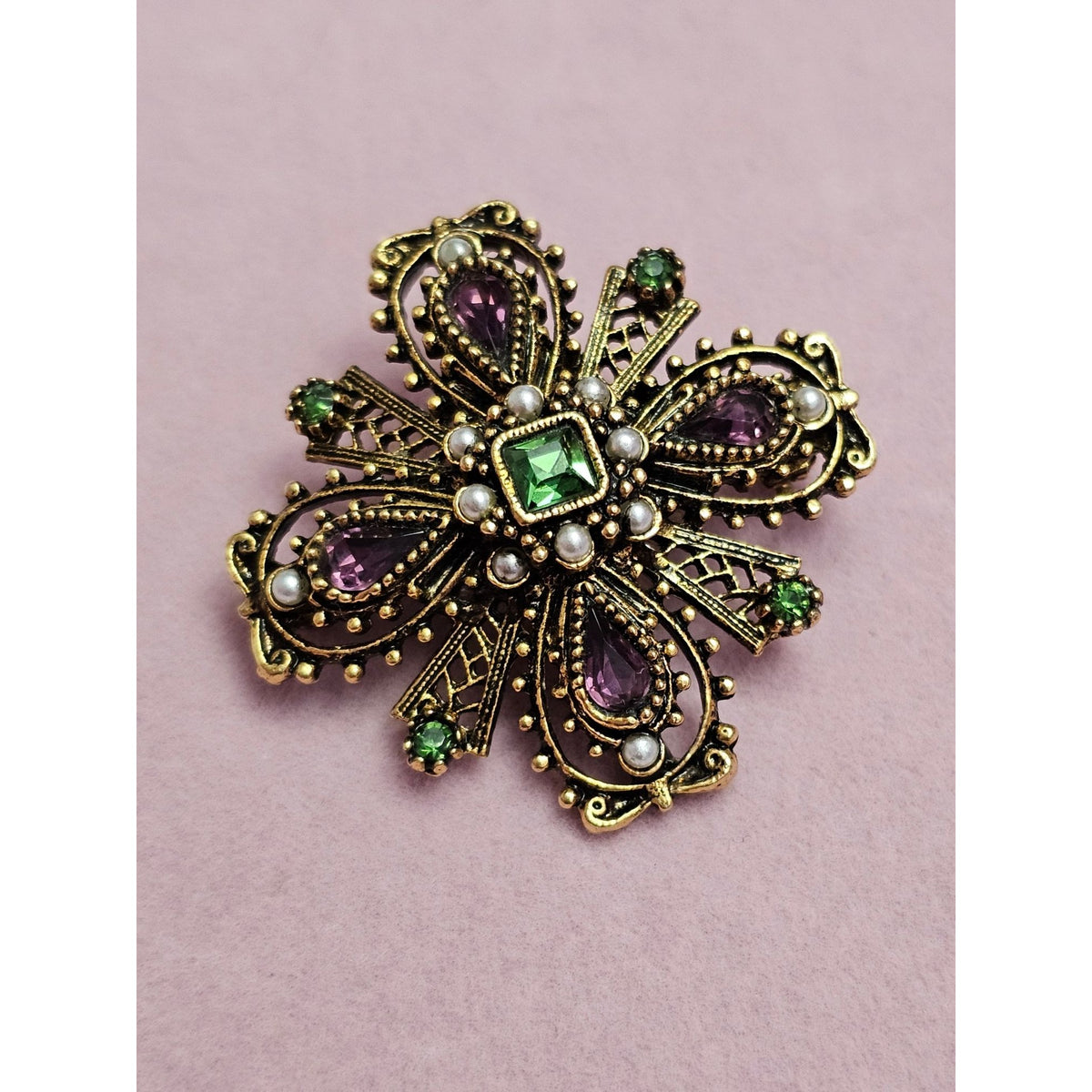 (741) Vintage Gold-Tone Brooch Green Purple Rhinestones Filigree Signed ART