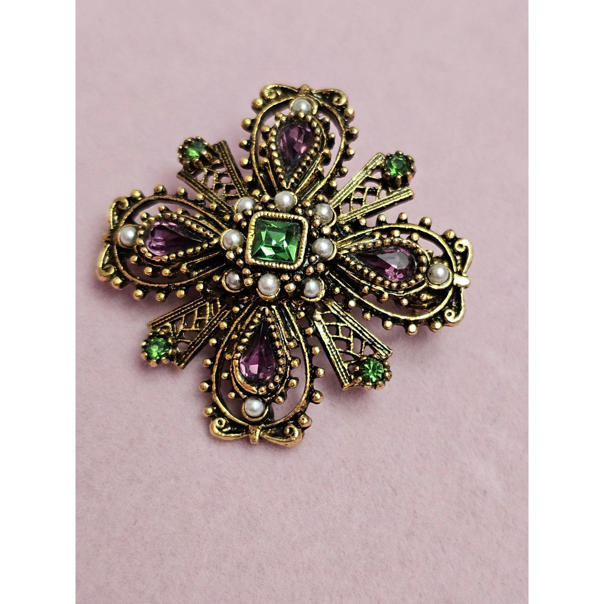(741) Vintage Gold-Tone Brooch Green Purple Rhinestones Filigree Signed ART
