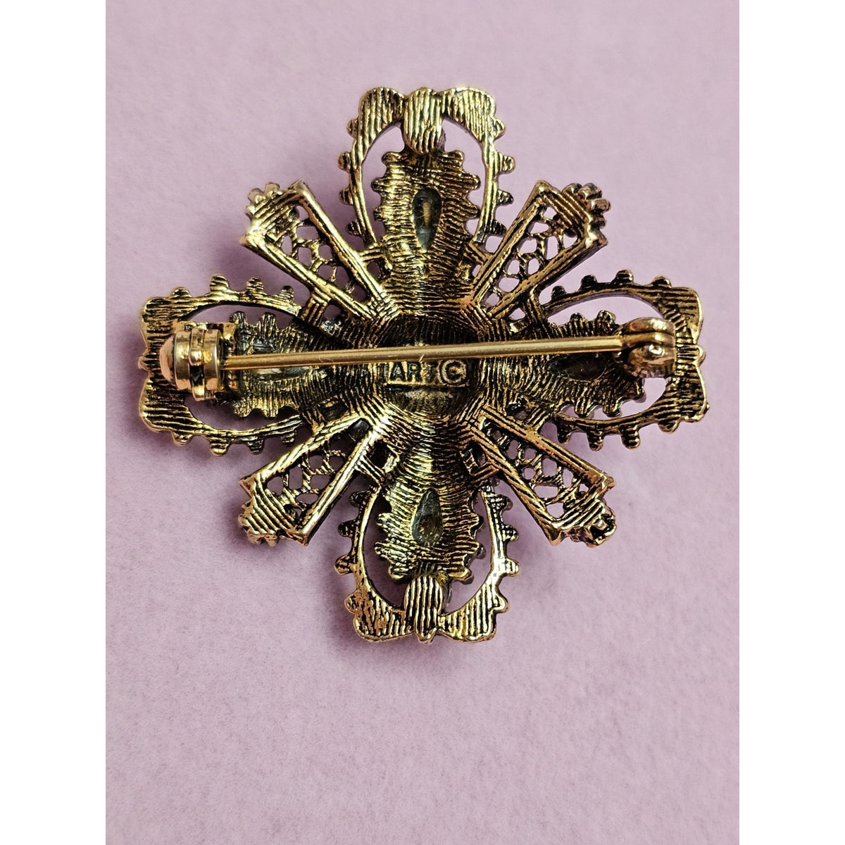 (741) Vintage Gold-Tone Brooch Green Purple Rhinestones Filigree Signed ART