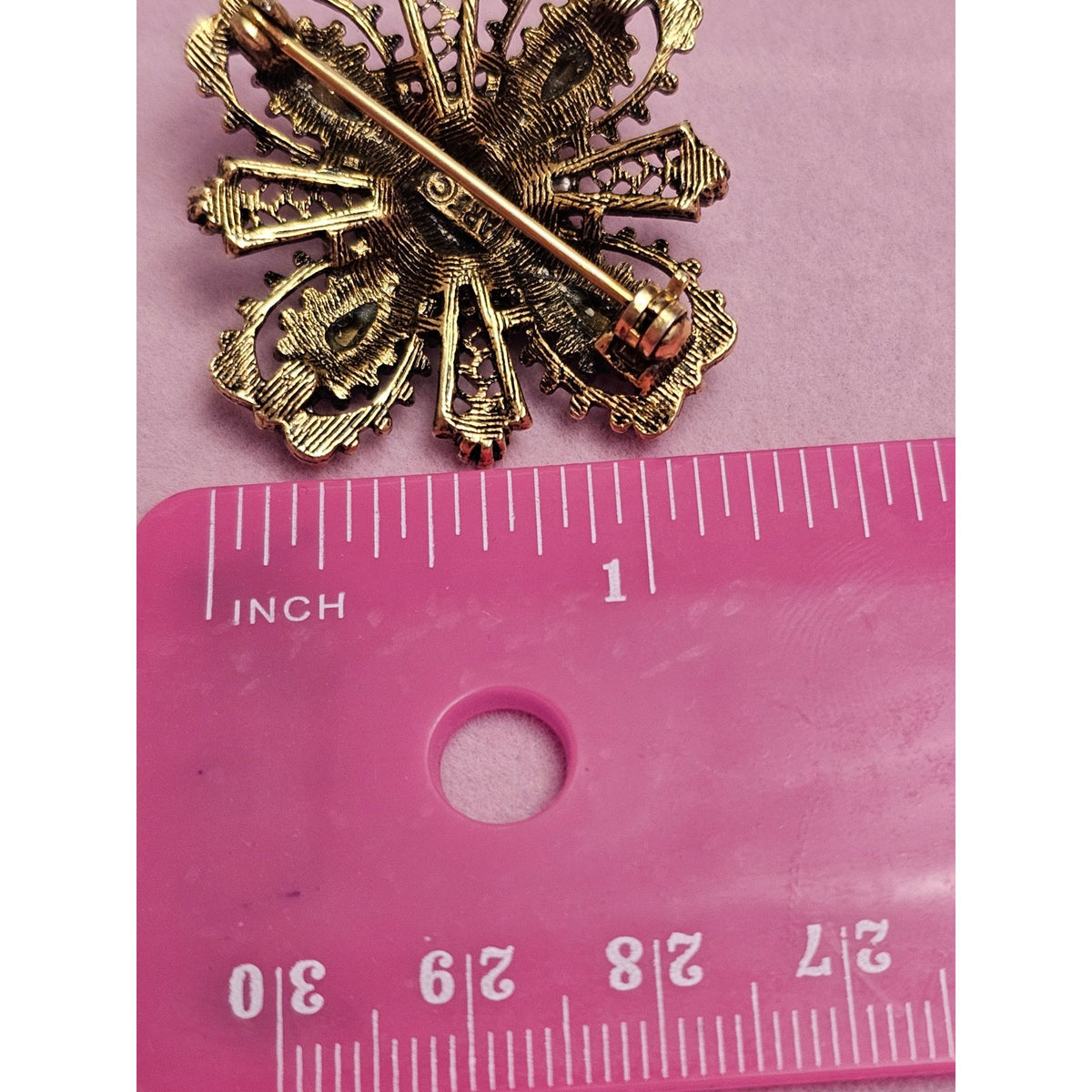 (741) Vintage Gold-Tone Brooch Green Purple Rhinestones Filigree Signed ART