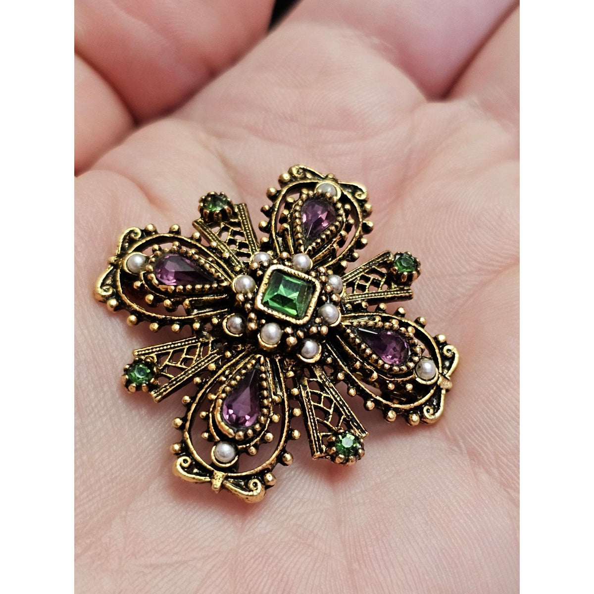 (741) Vintage Gold-Tone Brooch Green Purple Rhinestones Filigree Signed ART
