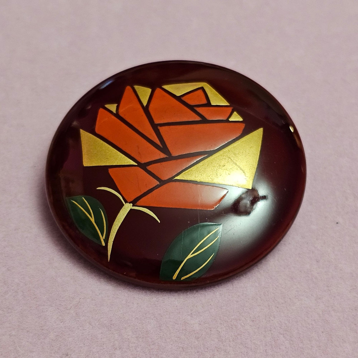 (765) Vintage Chinese Cloisonné Rose Brooch Gold Red Floral Design