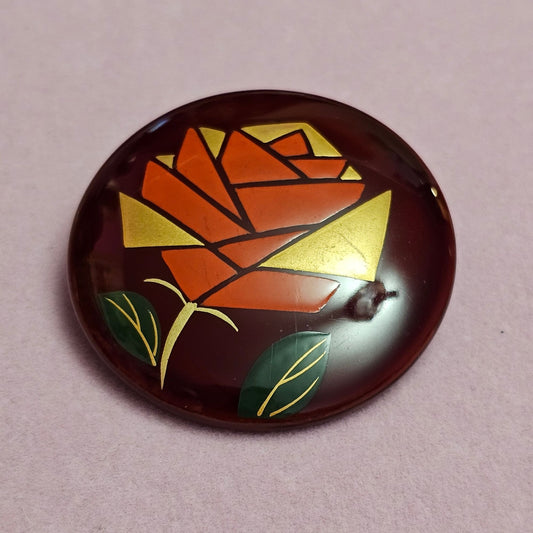 (765) Vintage Chinese Cloisonné Rose Brooch Gold Red Floral Design