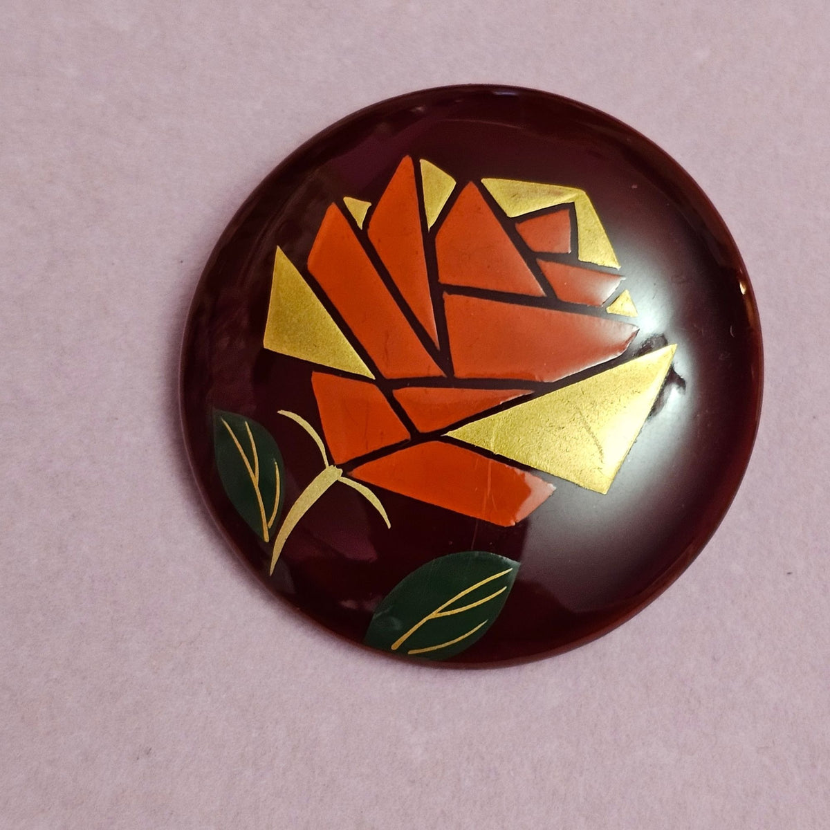 (765) Vintage Chinese Cloisonné Rose Brooch Gold Red Floral Design