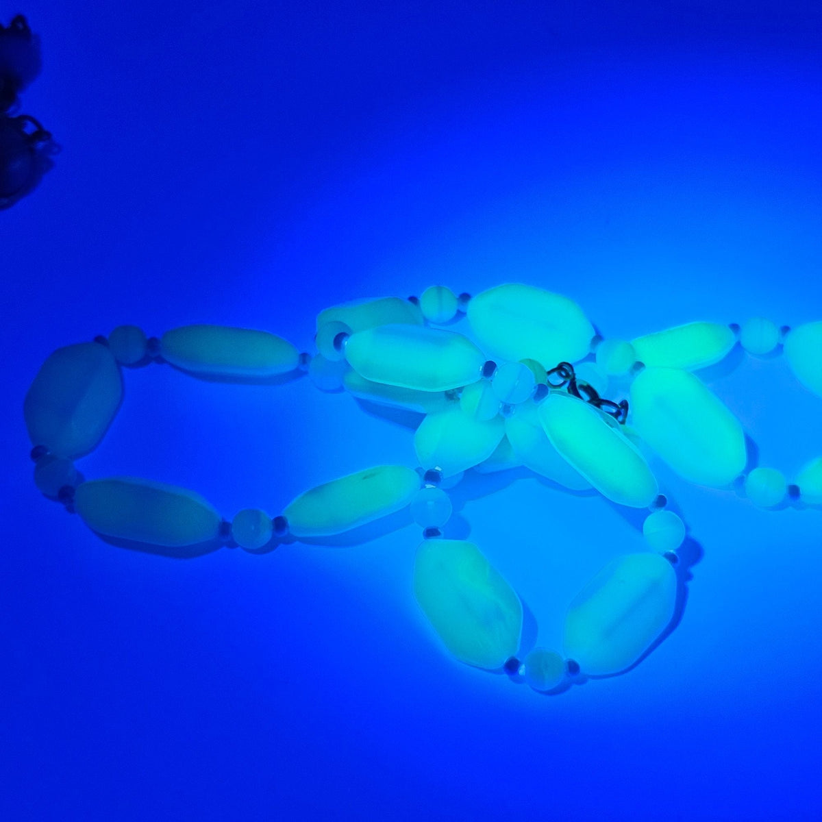 Vintage Uranium Glass Bead Necklace 20" Light Blue Glows UV Reactive Czech