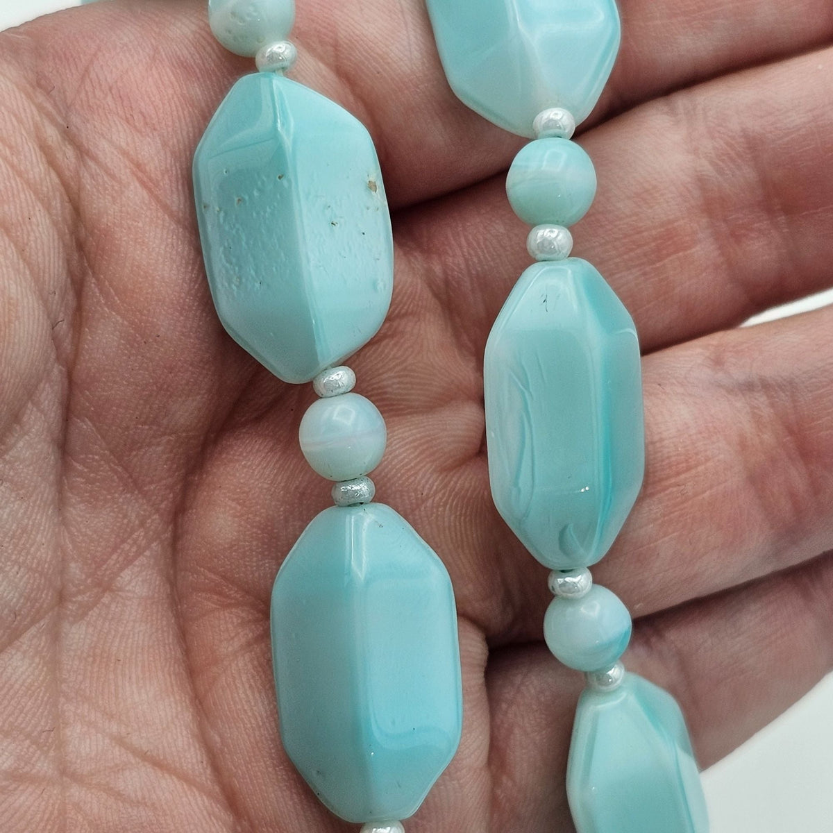 Vintage Uranium Glass Bead Necklace 20" Light Blue Glows UV Reactive Czech