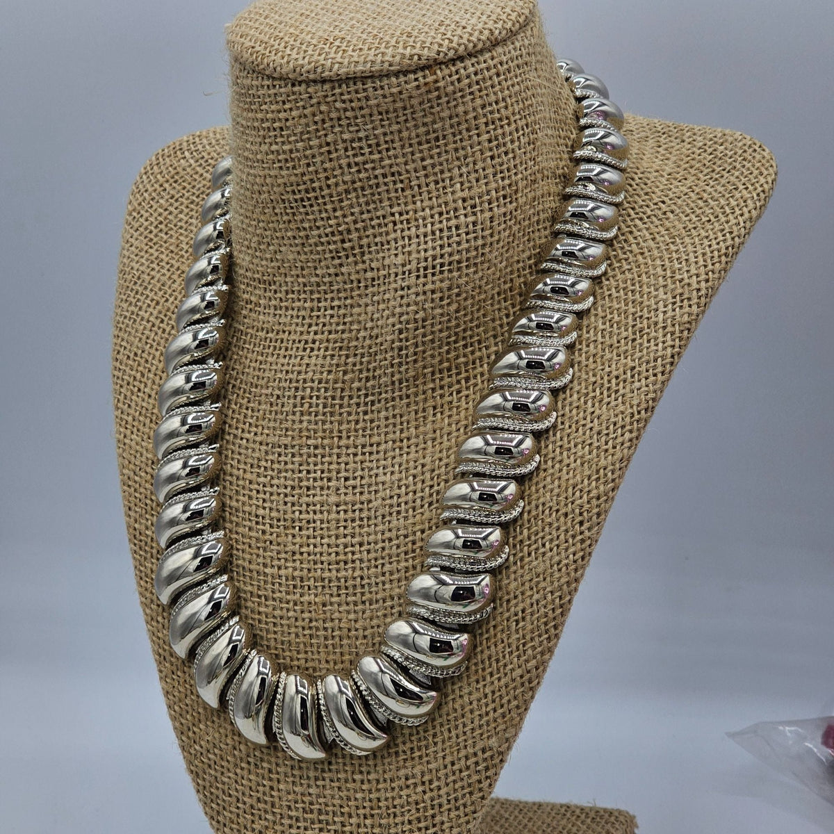 Vintage Napier Silver-Tone Chunky Statement Necklace Textured Links Fold-Over Clasp