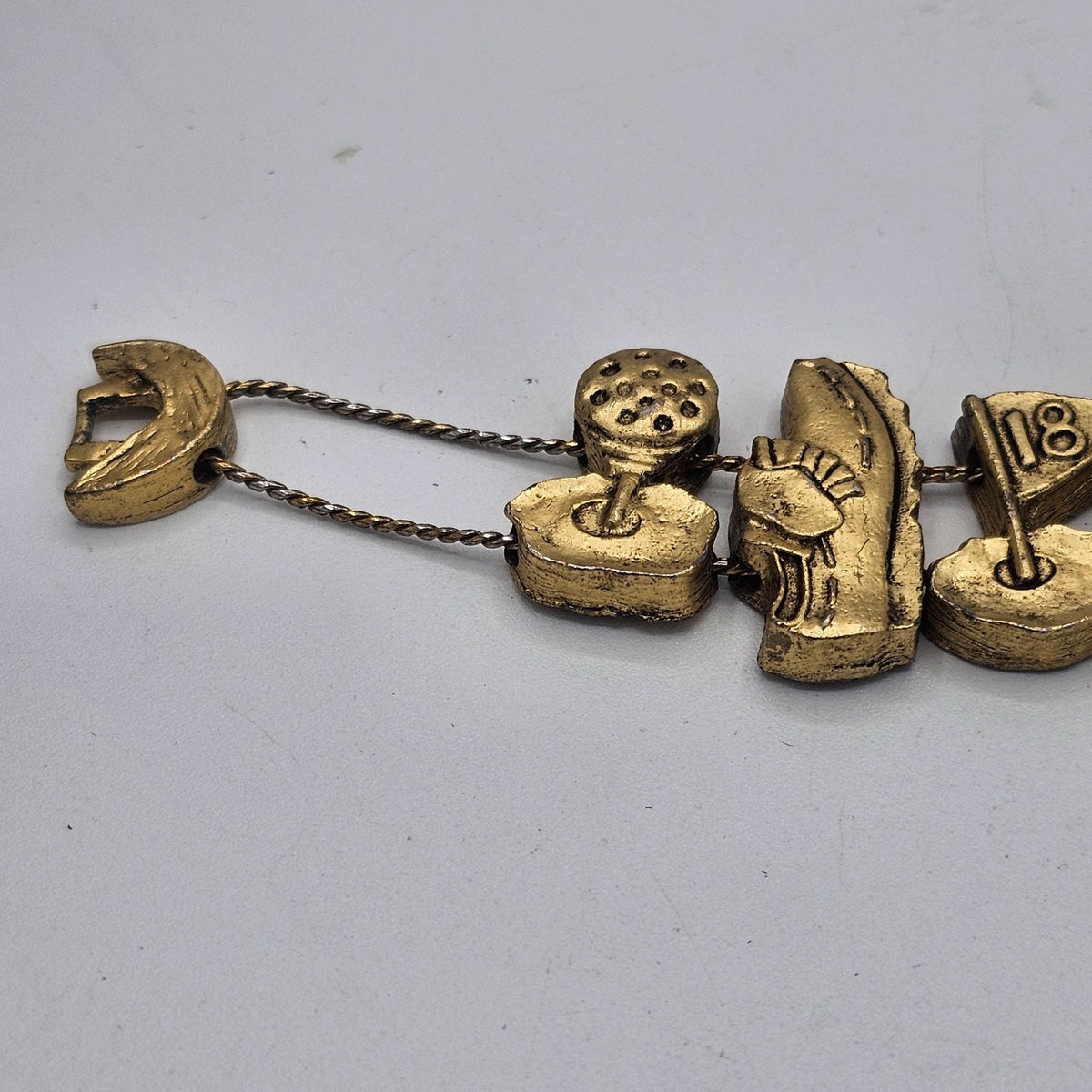 Vintage Gold-Tone Golf-Themed Charm Bracelet Unique Motifs Double Chain Design