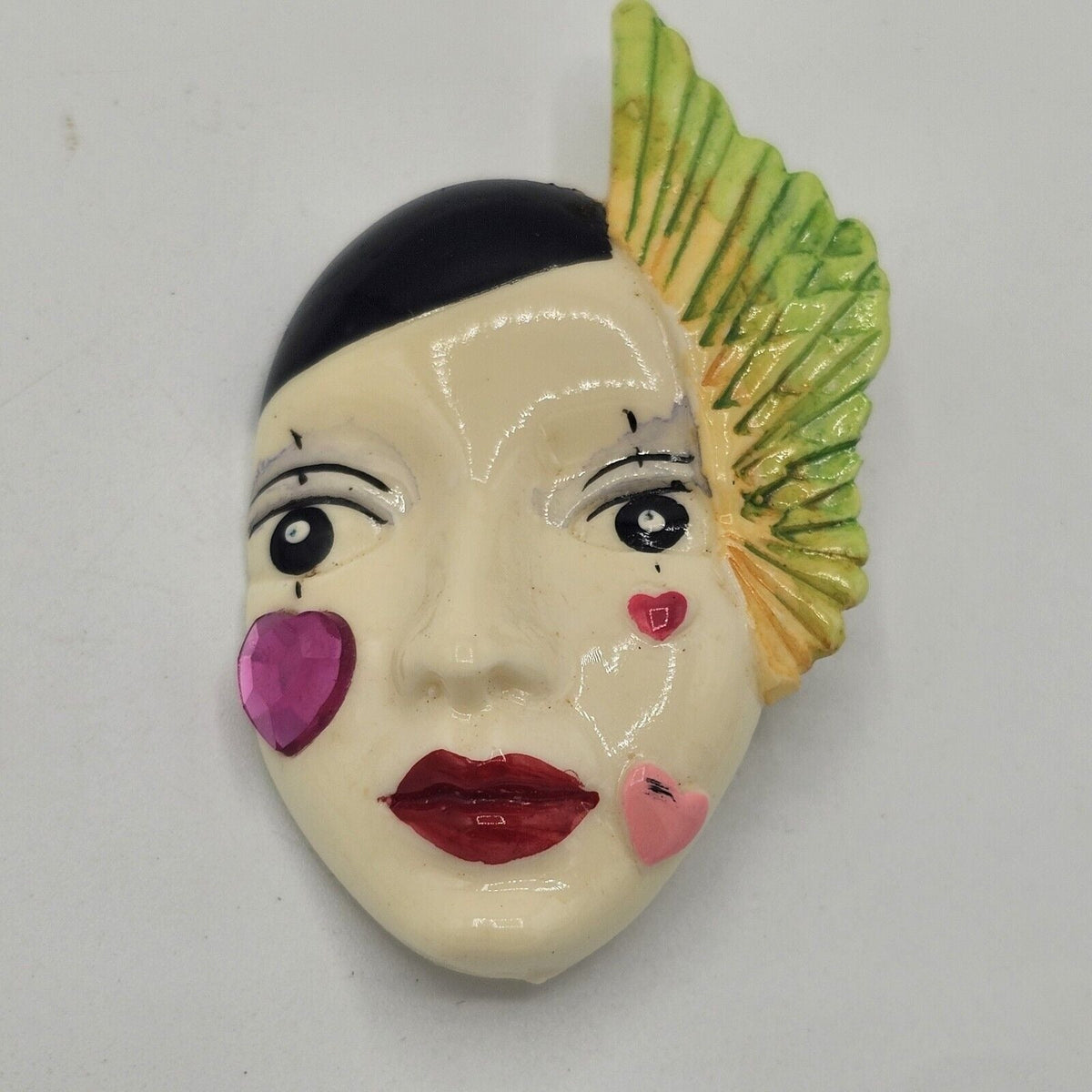 Painted Resin Face Mime Clown Mardi Gras Brooch Vintage Feather Heart
