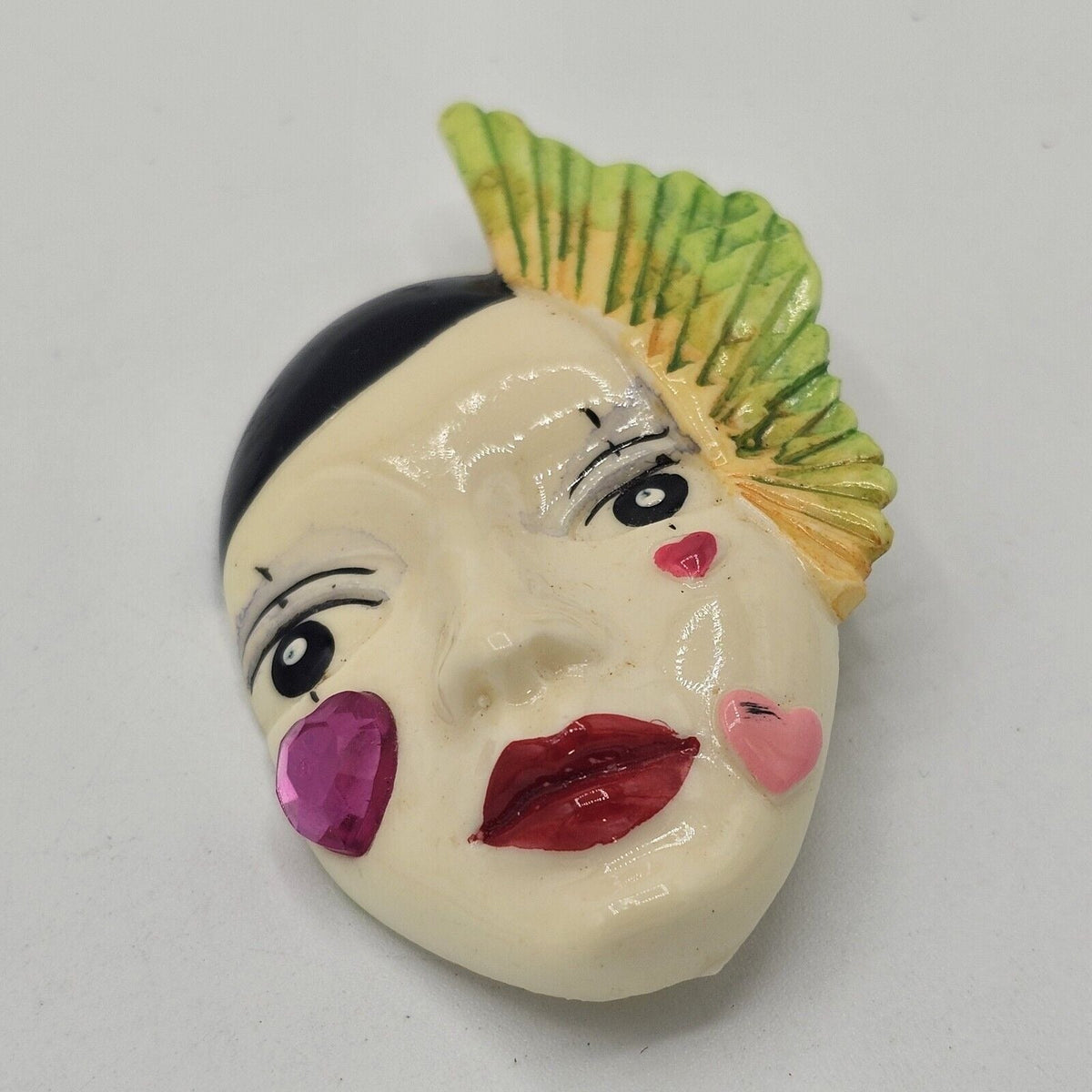 Painted Resin Face Mime Clown Mardi Gras Brooch Vintage Feather Heart