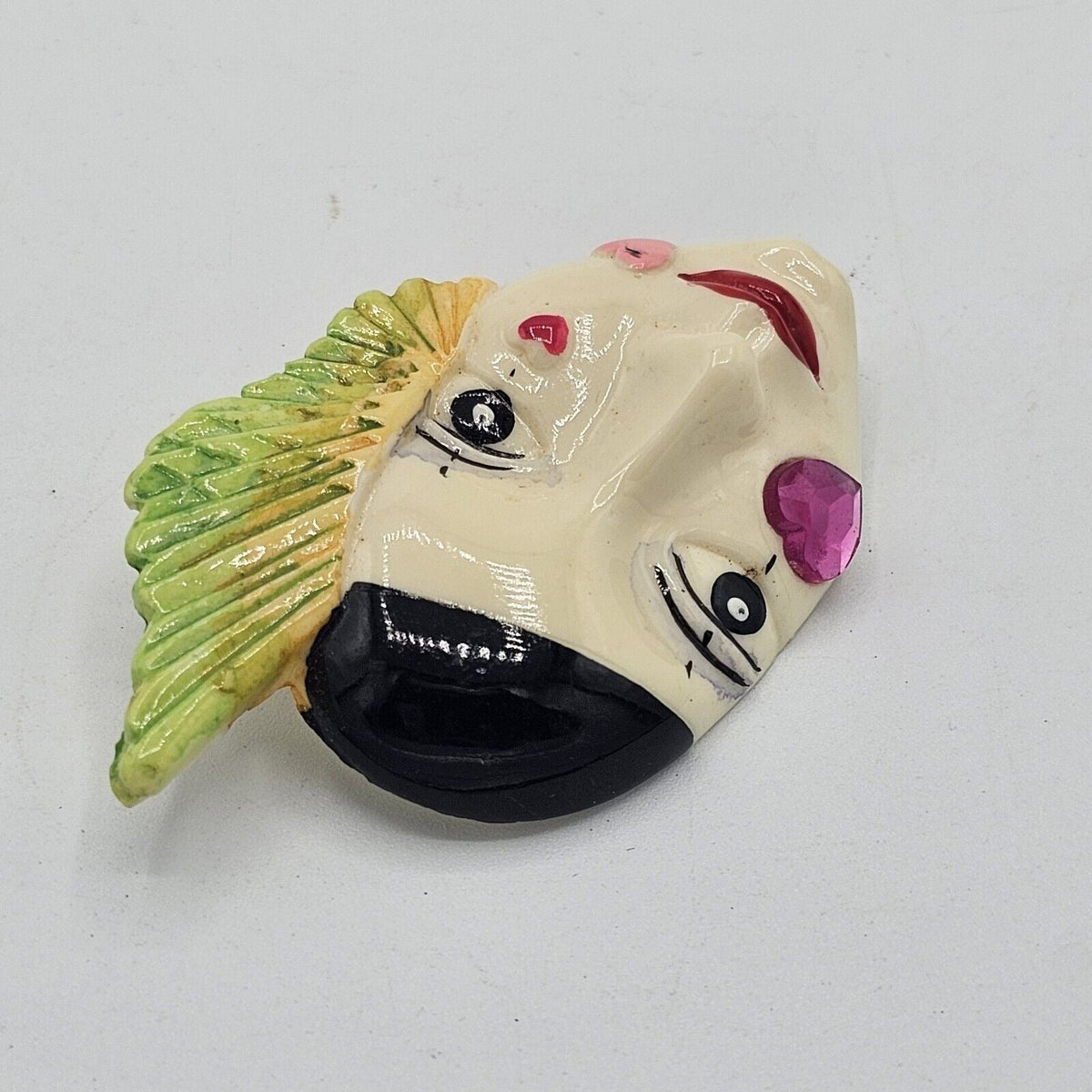 Painted Resin Face Mime Clown Mardi Gras Brooch Vintage Feather Heart