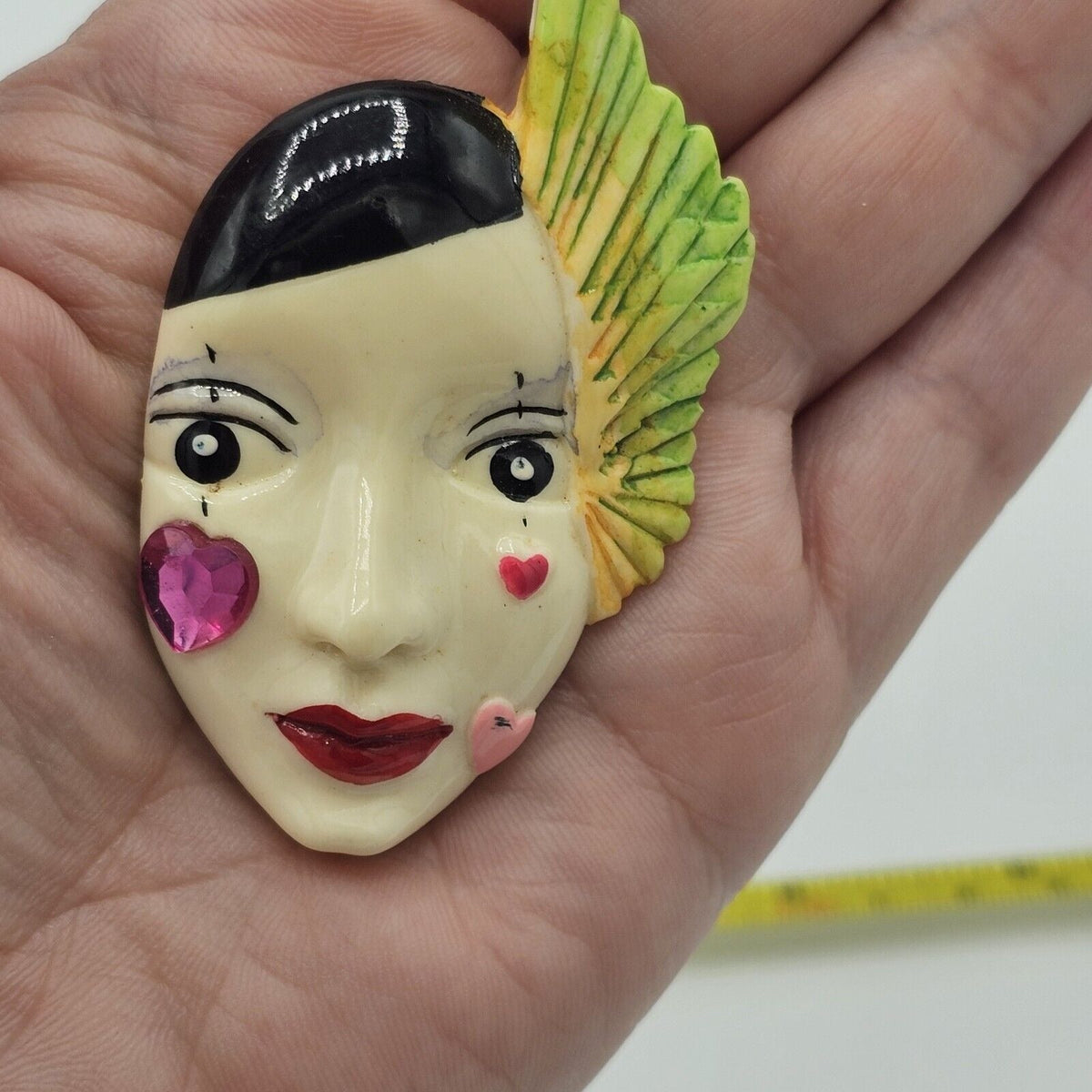 Painted Resin Face Mime Clown Mardi Gras Brooch Vintage Feather Heart