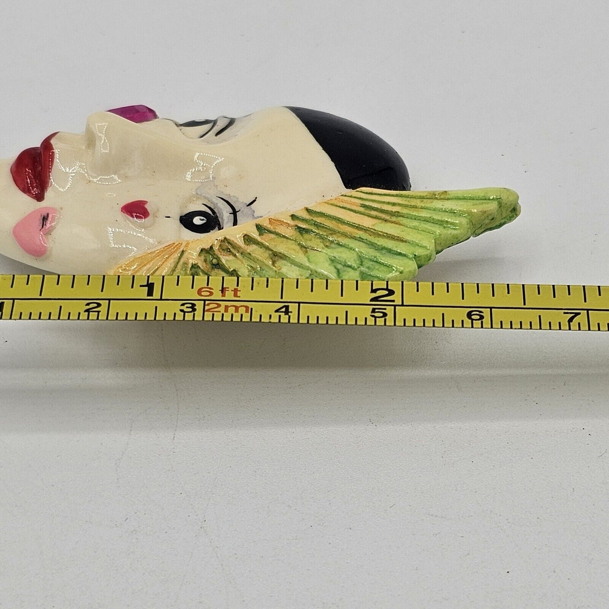 Painted Resin Face Mime Clown Mardi Gras Brooch Vintage Feather Heart
