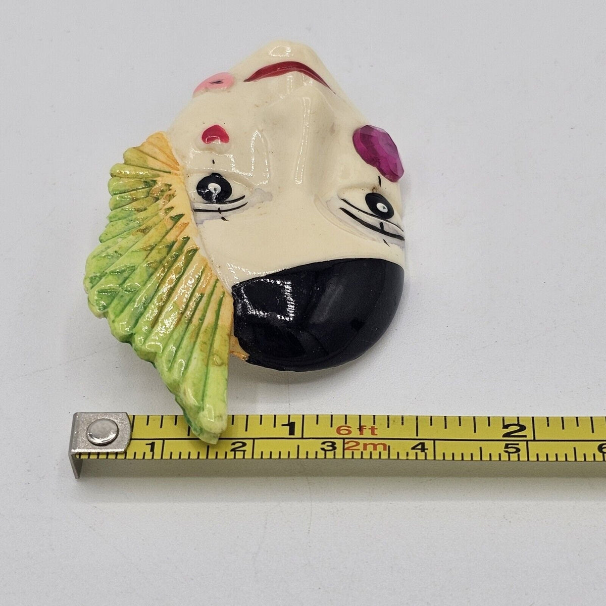 Painted Resin Face Mime Clown Mardi Gras Brooch Vintage Feather Heart