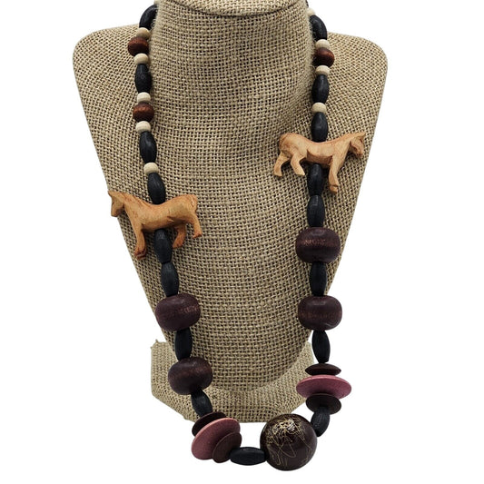 African Handmade Round Wood Beaded Animals Brown Necklace Statement