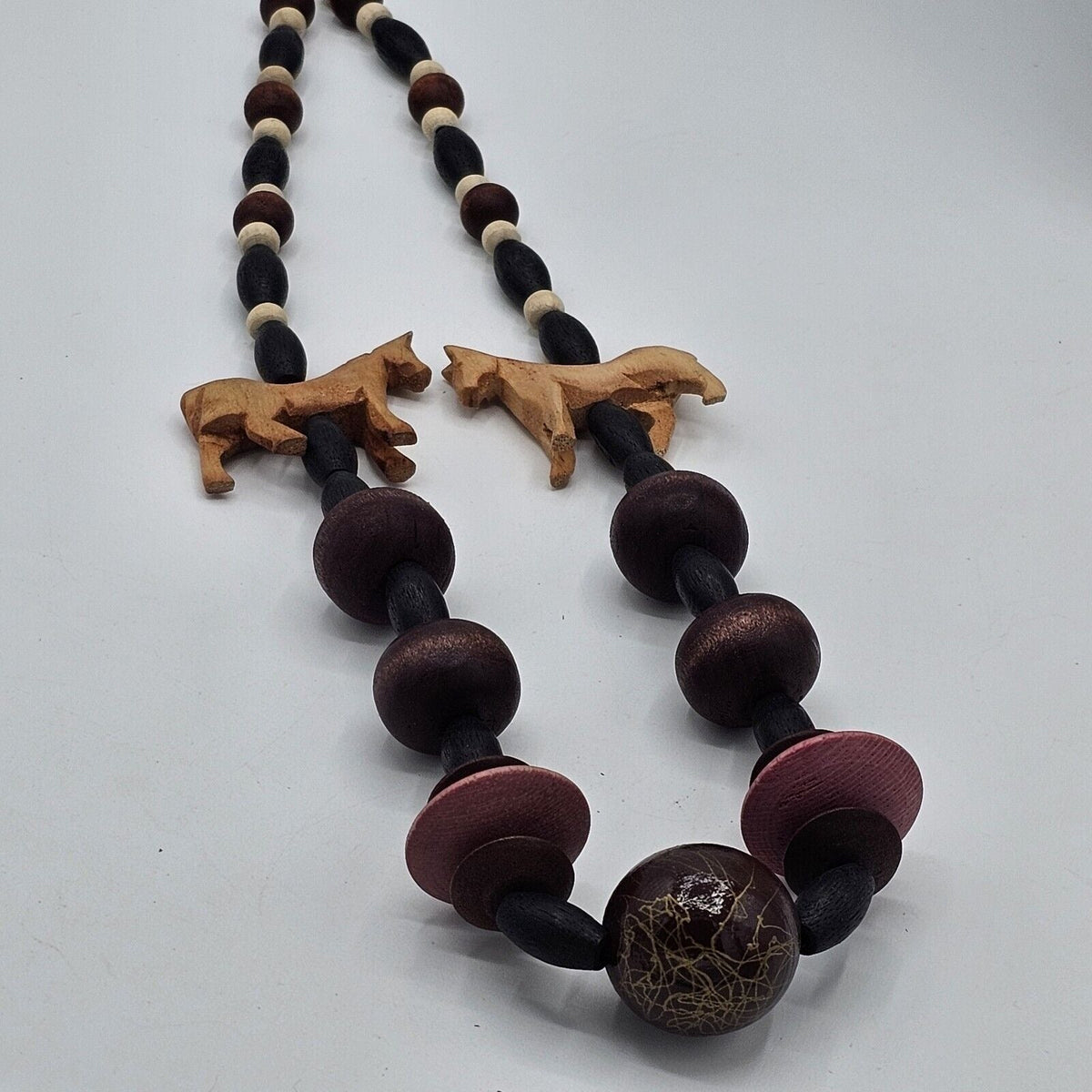 African Handmade Round Wood Beaded Animals Brown Necklace Statement