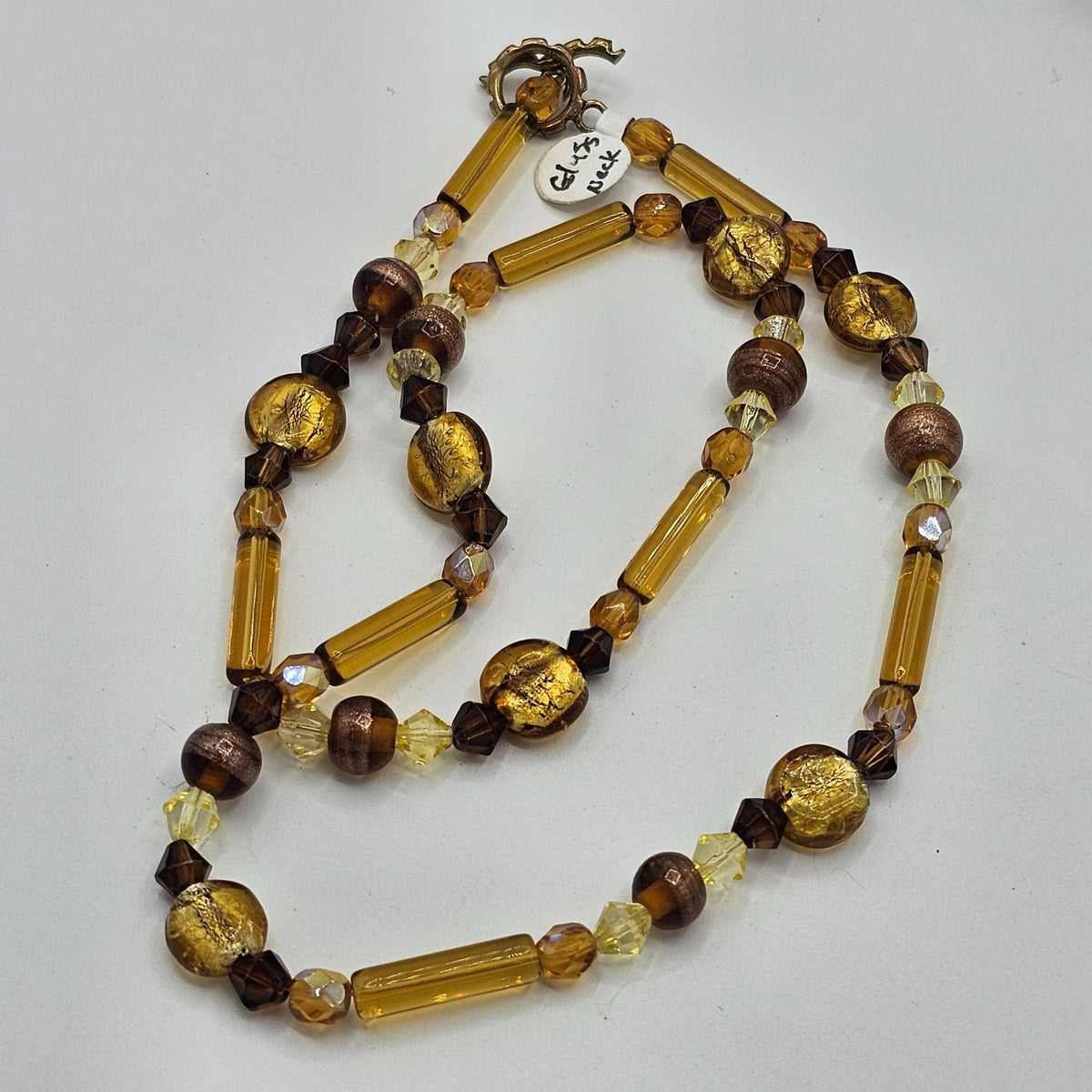 Artisan Bead Necklace Faux Amber Glass Crystal Gold Brown Tones Vintage Beads