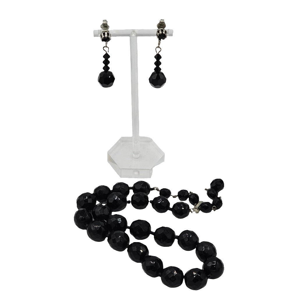 (169) Hobe Vintage Black Faceted Glass Beaded Mourning Necklace Dangle Earrings Set