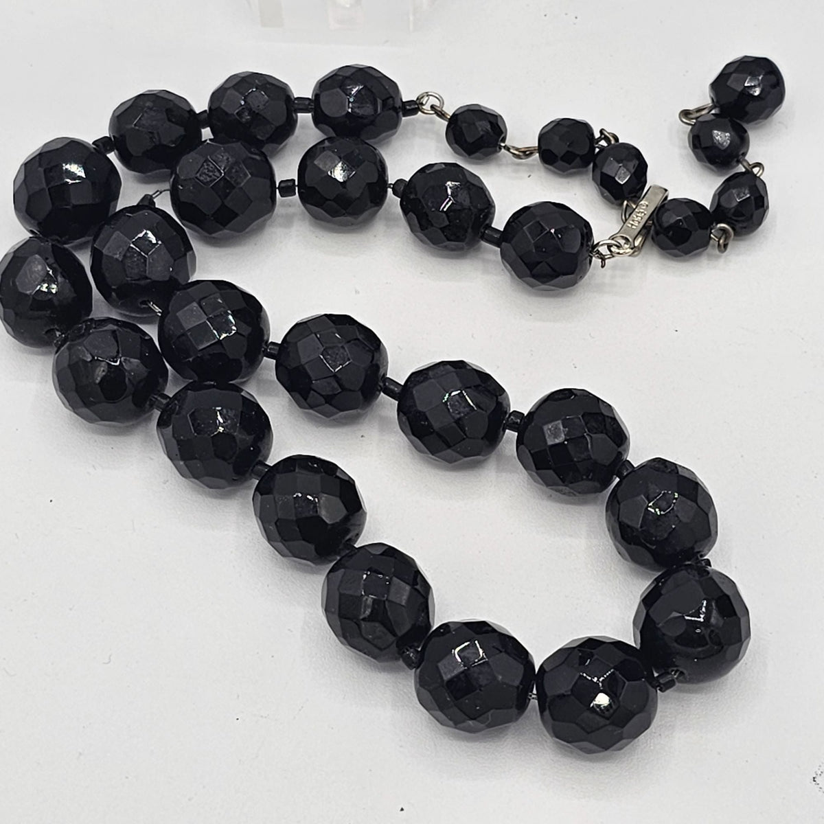 (169) Hobe Vintage Black Faceted Glass Beaded Mourning Necklace Dangle Earrings Set