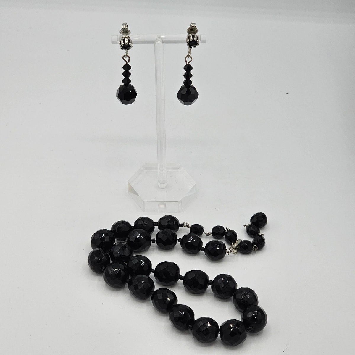 (169) Hobe Vintage Black Faceted Glass Beaded Mourning Necklace Dangle Earrings Set