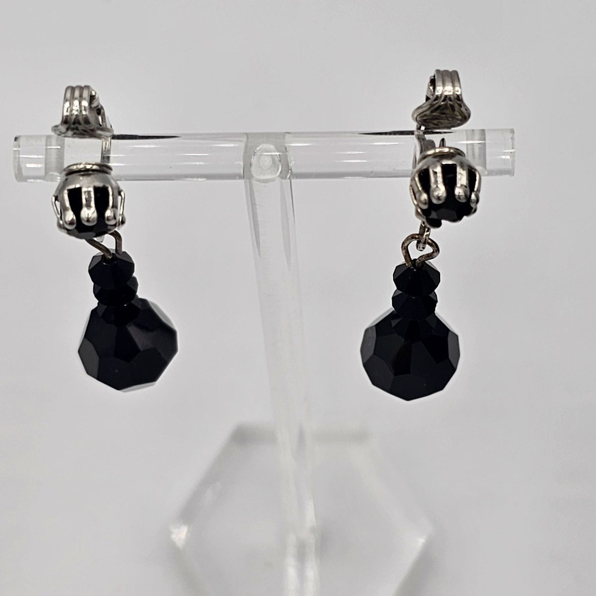 (169) Hobe Vintage Black Faceted Glass Beaded Mourning Necklace Dangle Earrings Set