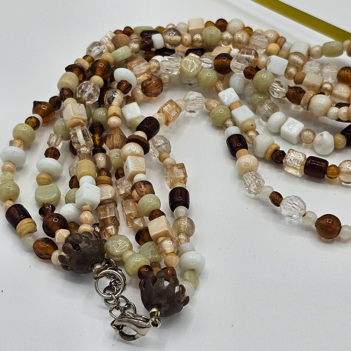 Vintage Multi-Strand Glass Bead Necklace White Brown Neutral Fall