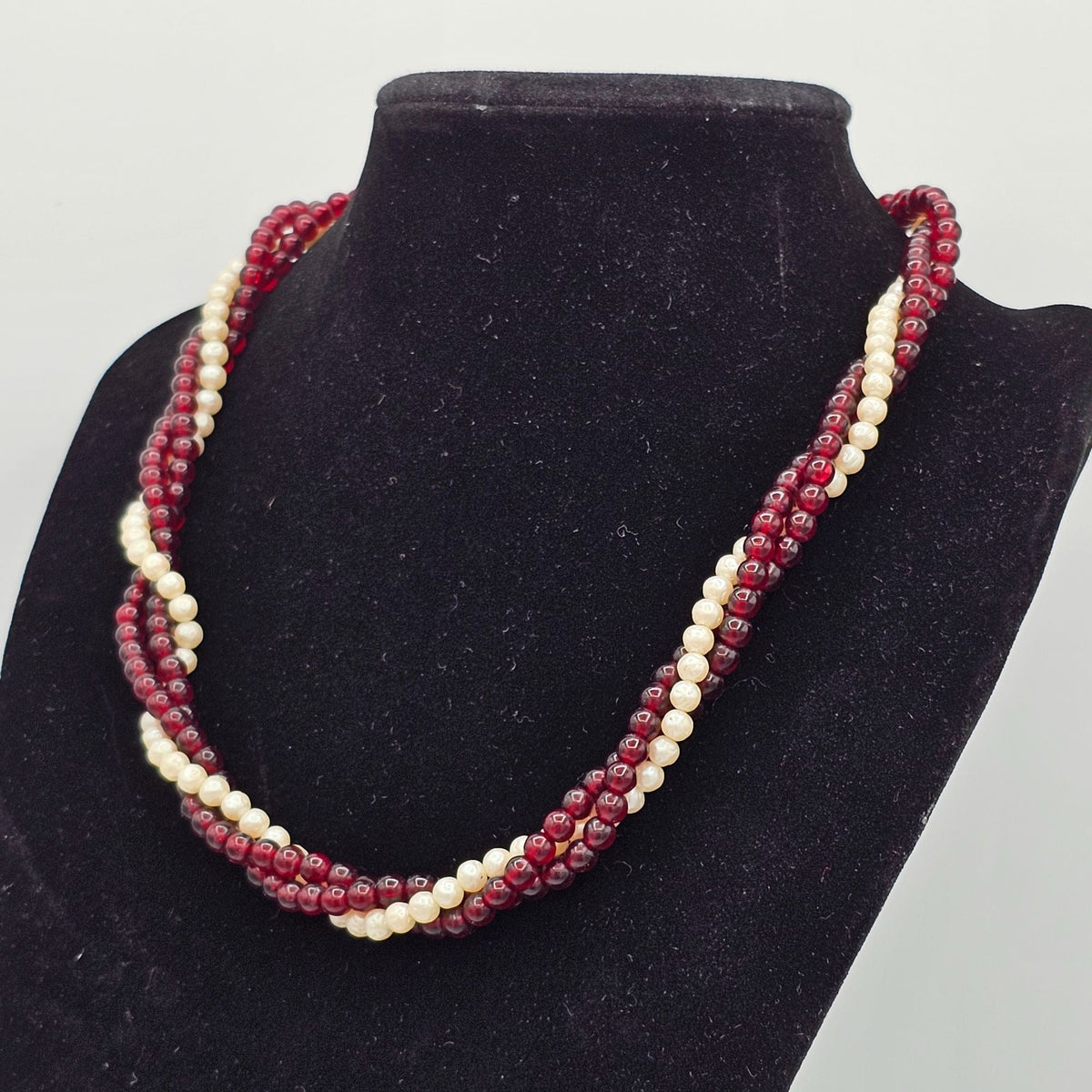 Multi-Strand Twisted Rope Faux Pearl Garnet Round Beaded Necklace