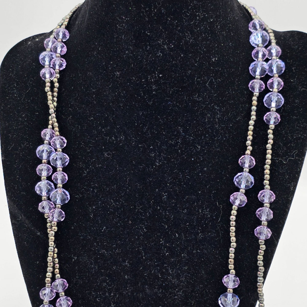Purple Faceted Crystal Hematite Seed Beaded Long Necklace Vintage