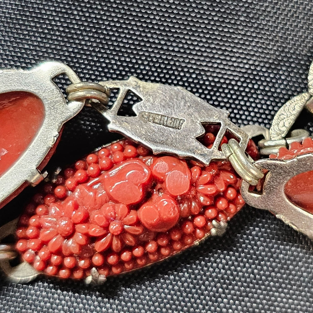Sterling Art Deco Marcasite Carved Flower Carnelian Glass Necklace
