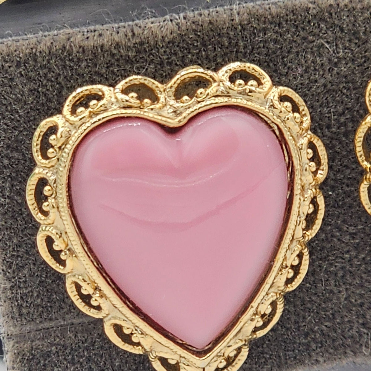 Beautiful Pink Enamel Heart Gold-tone Ornate Trim Clip-on Earrings NOS