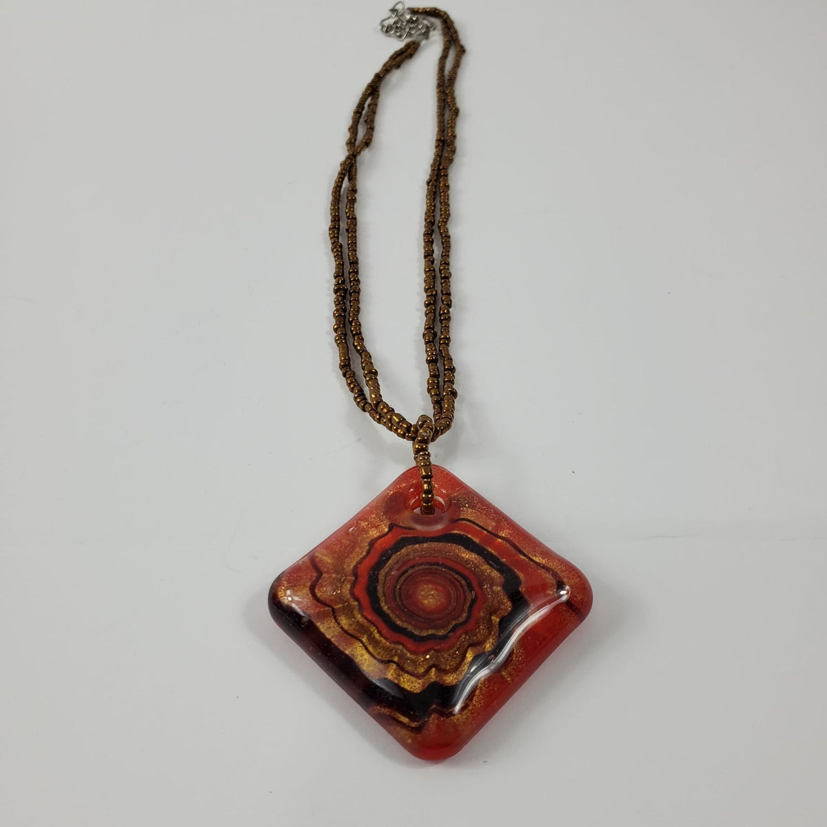 Vintage Blown Glass Red Copper Swirl Art Pendant Copper Beaded Chain
