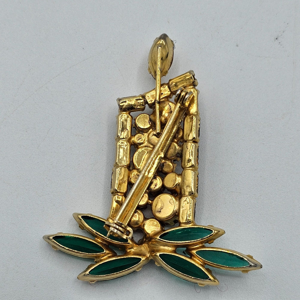 Vintage Prong Set Holiday Lit Flame Candle Holly Rhinestone Brooch Christmas
