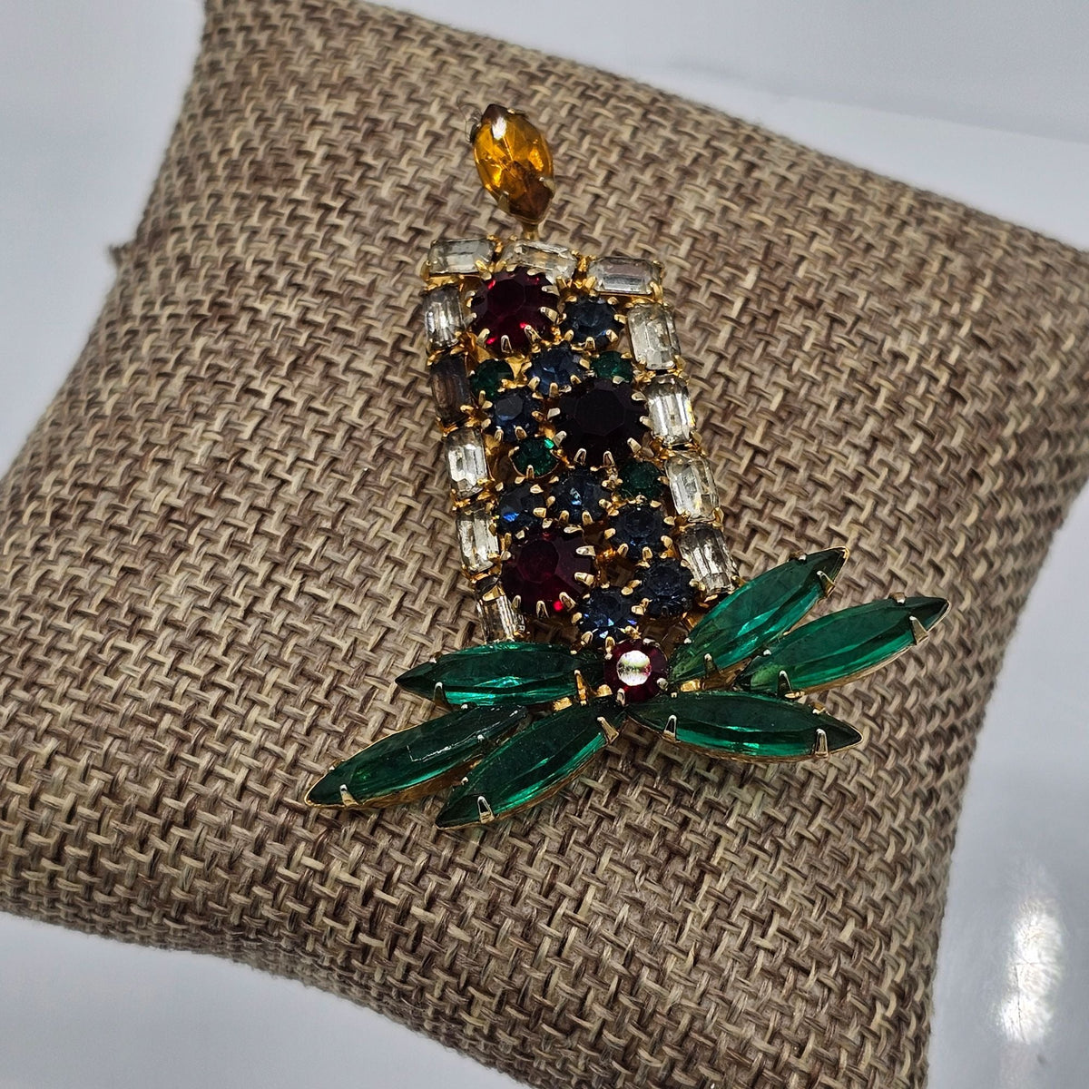 Vintage Prong Set Holiday Lit Flame Candle Holly Rhinestone Brooch Christmas