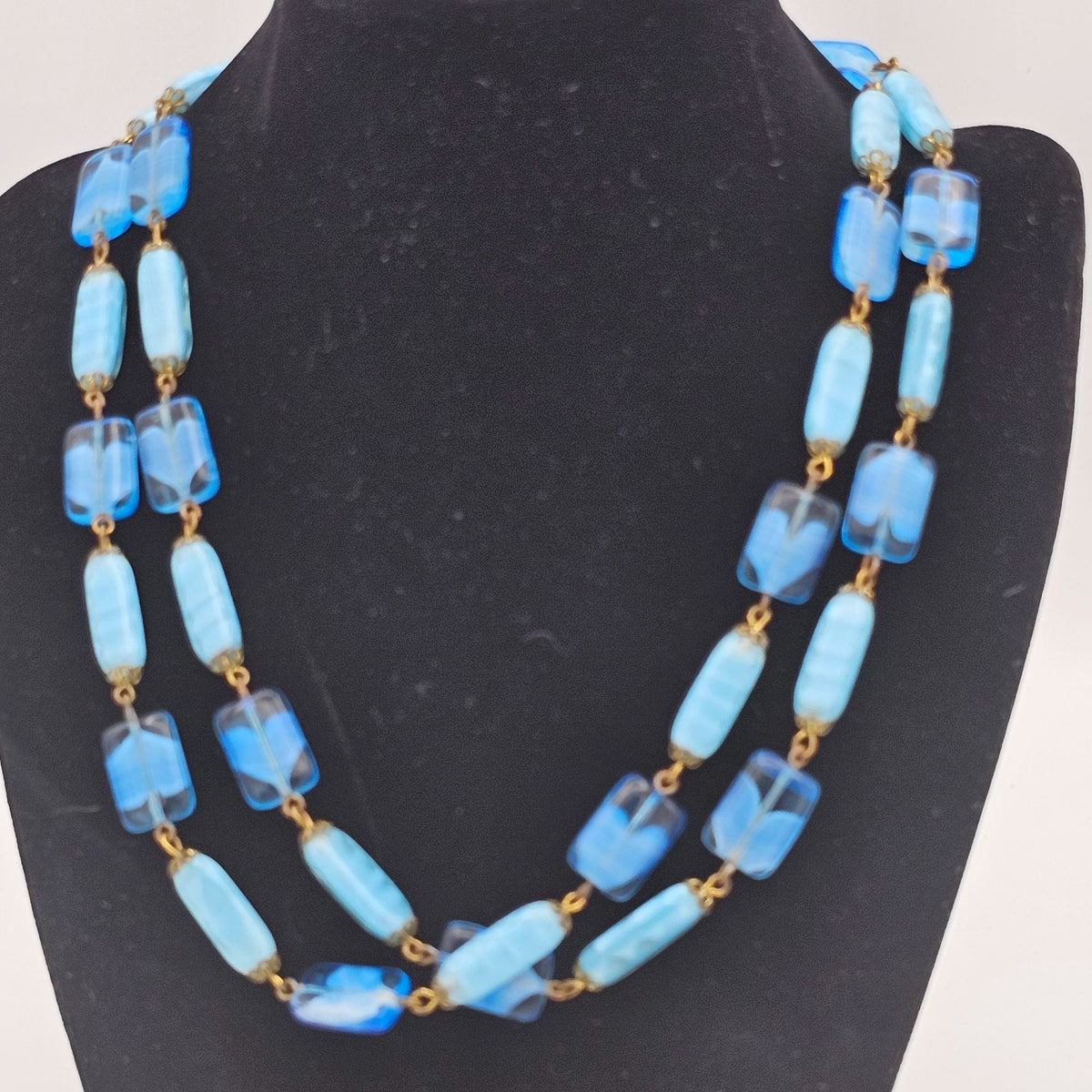 Vintage Uranium Glass Necklace Black Light Reactive Long Strand Blue Beads 36 in