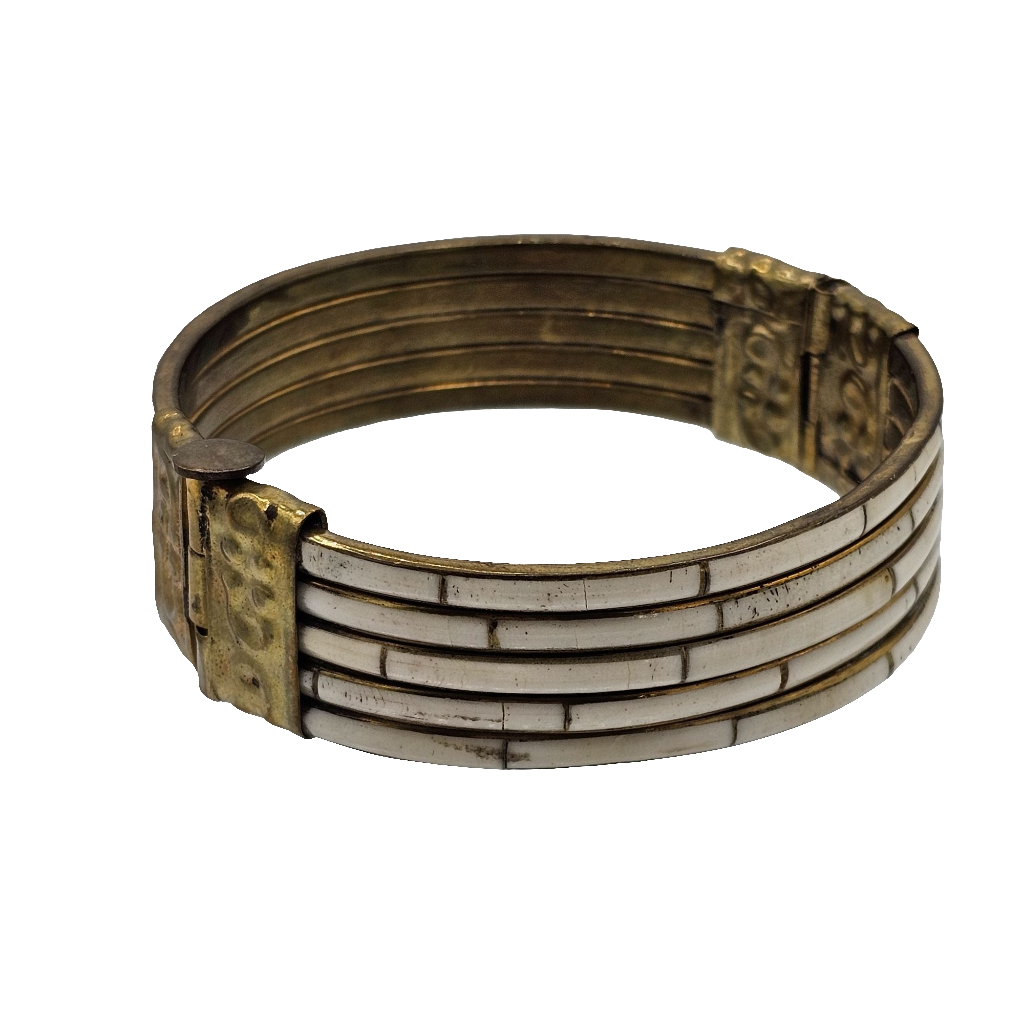 Antique Victorian Era Mother of Pearl Inlay Brass Bangle Pin Clasp