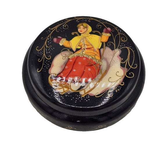 Russian Vintage Lacquer Round Trinket Box Hand Painted Fairy Tale Lady Sleigh