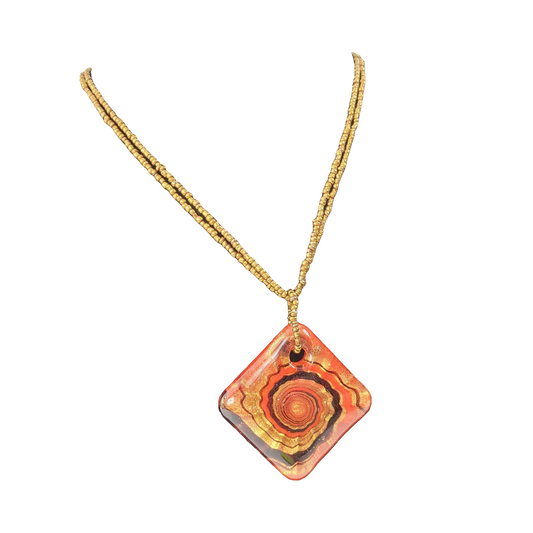 Vintage Blown Glass Red Copper Swirl Art Pendant Copper Beaded Chain
