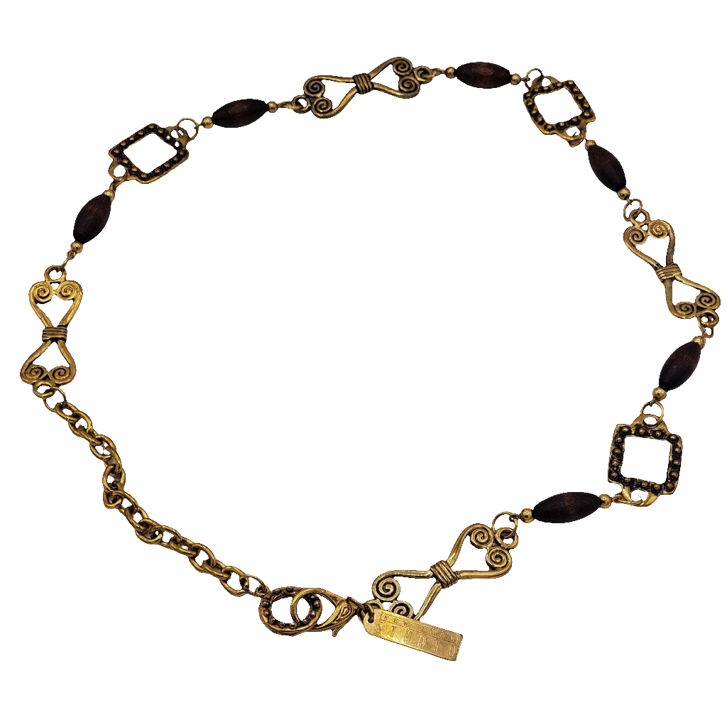 Gold-tone Bow Geometrical Linked Wooden Bead Belt Vintage