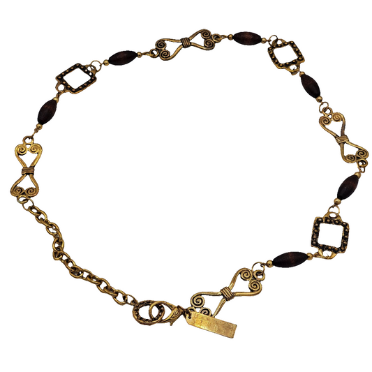 Gold-tone Bow Geometrical Linked Wooden Bead Belt Vintage