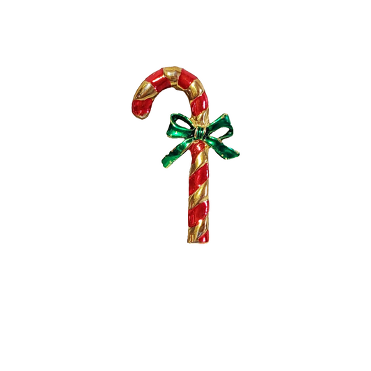 Vintage Red Gold Striped Candy Cane Green Bow Brooch Christmas