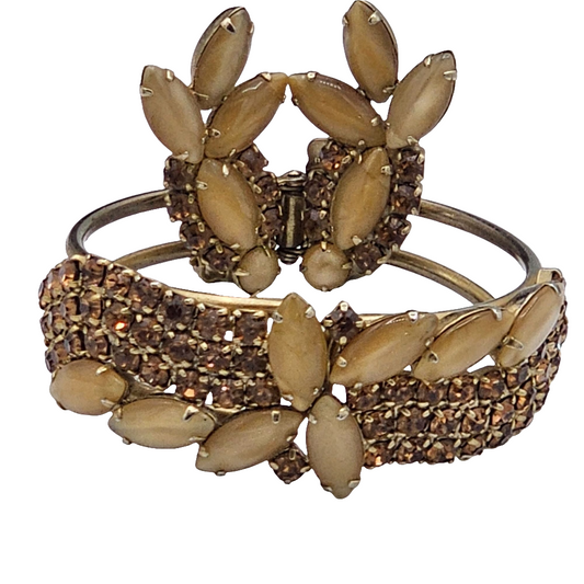 Vintage Gold-Tone Prong Amber Topaz Glass Bracelet ClipOn Earrings Floral Design