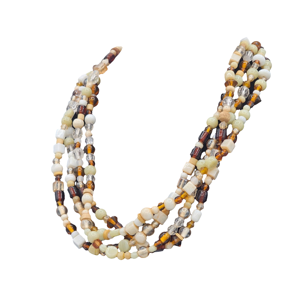 Vintage Multi-Strand Glass Bead Necklace White Brown Neutral Fall