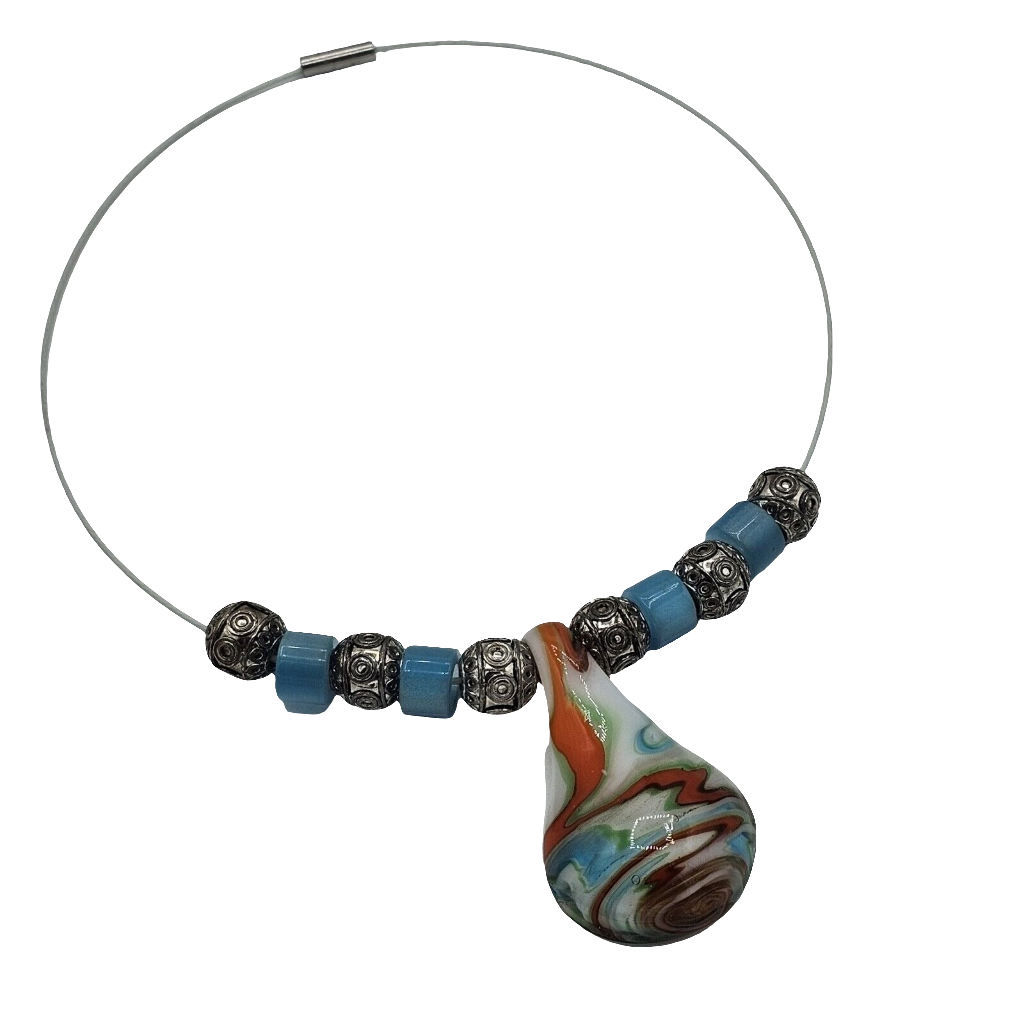 Wire Strung Beaded Glass Pendant Art Glass Blue Turquoise Silver-tone Necklace