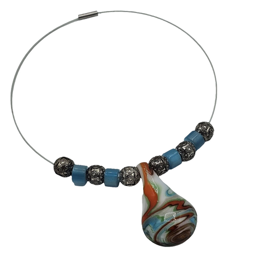 Wire Strung Beaded Glass Pendant Art Glass Blue Turquoise Silver-tone Necklace