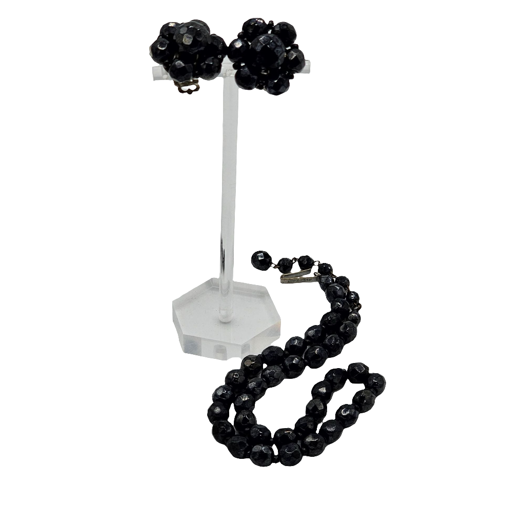 West Germany Vintage Black Faceted Glass Necklace Cluster Clip-on Earrings
